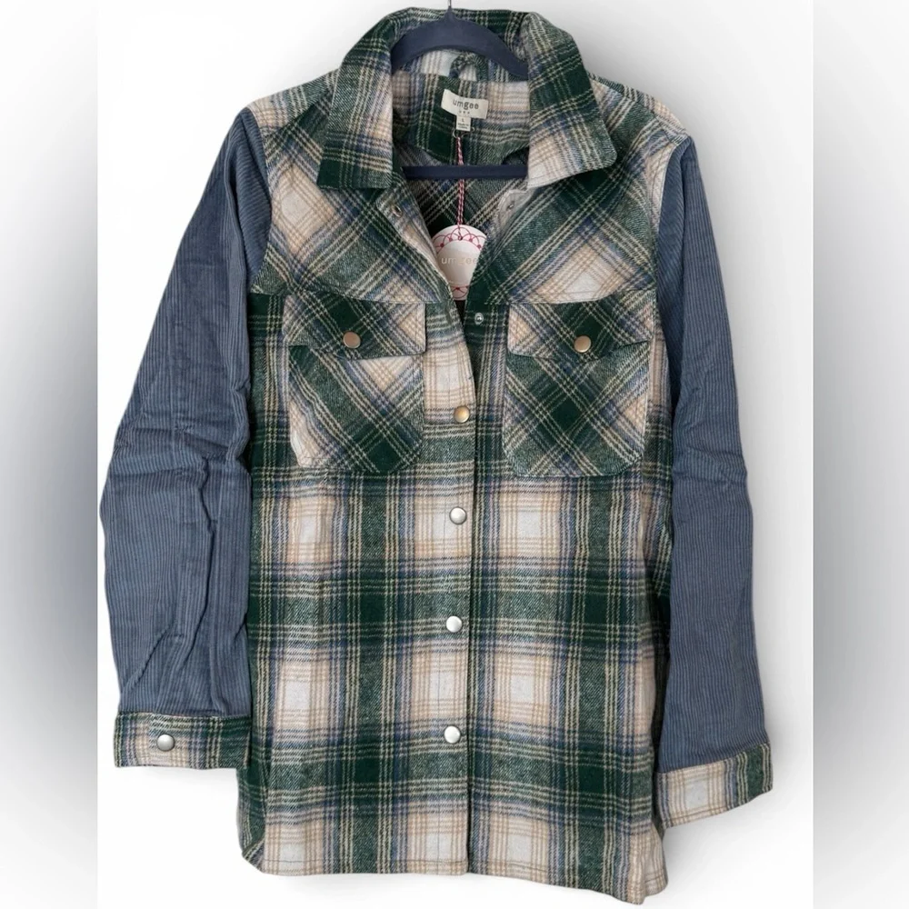 Umgee Green and Blue Plaid & Corduroy Shacket with Fringe on Back New